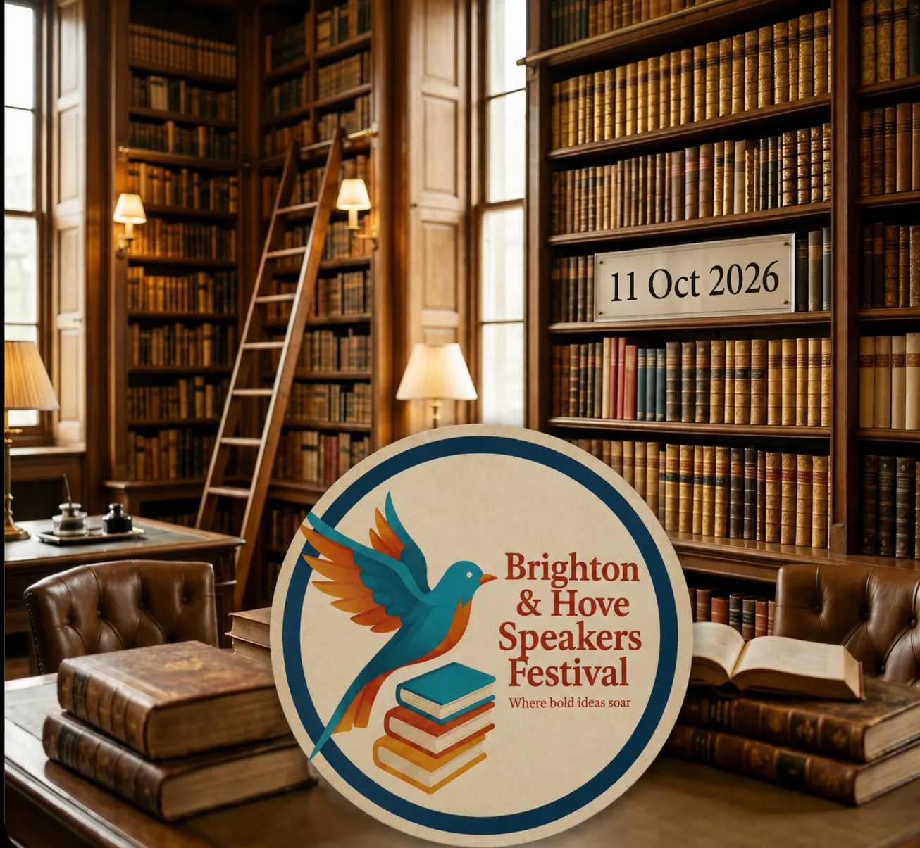 The Brighton & Hove Speakers Festival logo, a bird above a stack of books with the line Where bold ideas soar, in front of library shelves with a 11 Oct 2026 sign